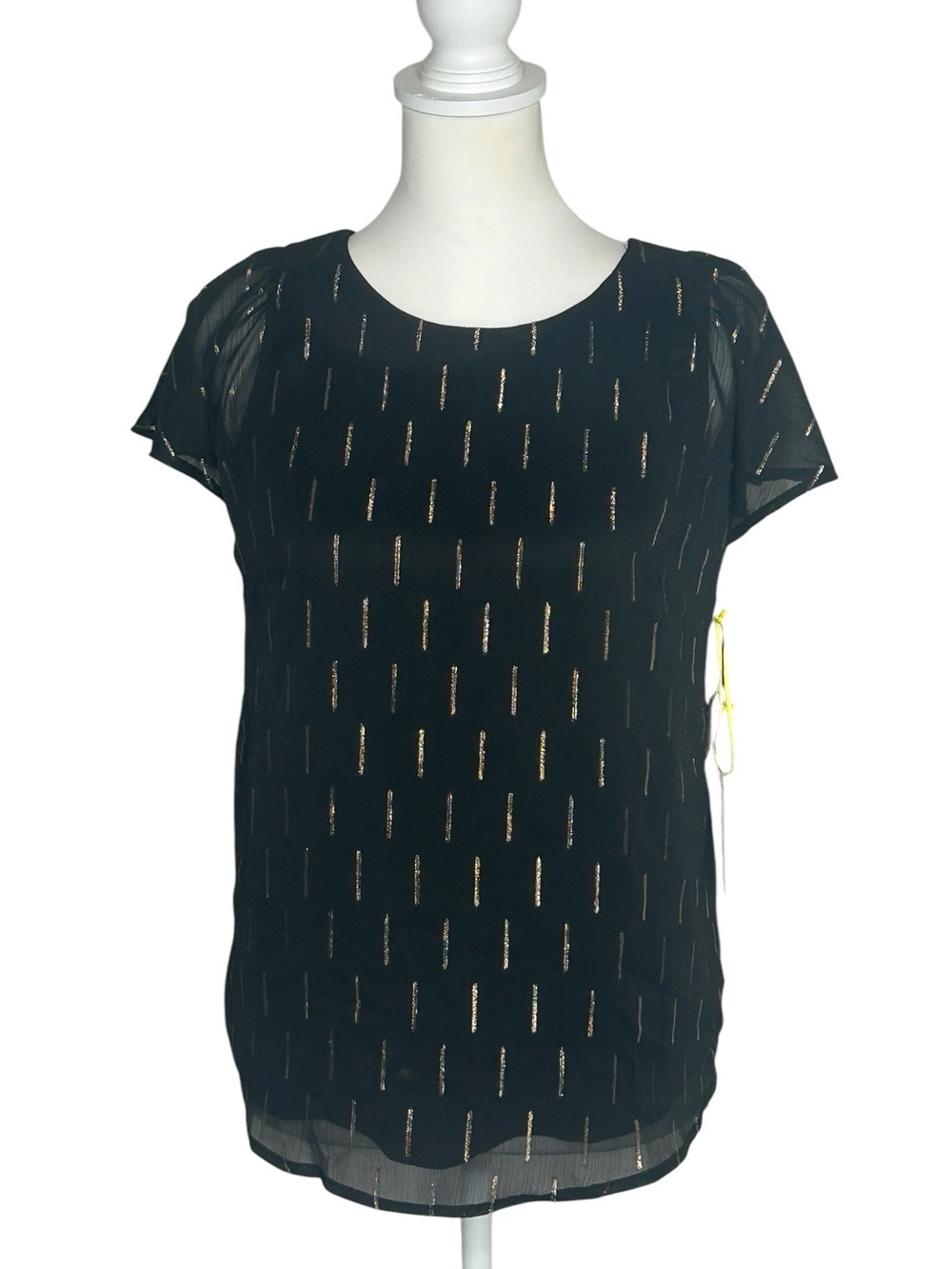 Cece NWT Black Chiffon Flutter Sleeve Blouse Lined Metallic Print Sz XS Flowy